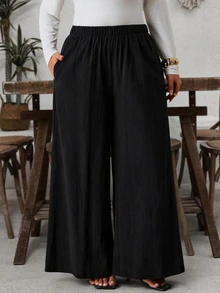 SHEIN VCAY Plus Size Women's Black Pure Cotton Wide Leg Long Pants, Autumn/Winter Fall - Black - View 5