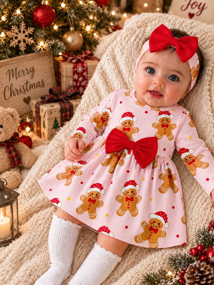 SHEIN 嬰兒/幼兒(女童)聖誕長袖洋裝,淺粉色底色,滿版印花薑餅人戴著聖誕帽,圓領設計,飾有吸睛紅色蝴蝶結,收腰大裙擺,柔軟親膚面料,甜美可愛,濃郁節日氛圍 - 彩色 - 查看 1