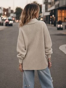 Elafinee Women's High Collar Dropped Shoulder Loose Lazy Long Sleeve Large Pocket Thickened Mid-Length Sweater, Autumn/Winter - Apricot - View 2