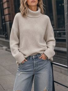 Elafinee Women's High Collar Dropped Shoulder Loose Lazy Long Sleeve Large Pocket Thickened Mid-Length Sweater, Autumn/Winter - Apricot - View 5