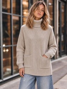 Elafinee Women's High Collar Dropped Shoulder Loose Lazy Long Sleeve Large Pocket Thickened Mid-Length Sweater, Autumn/Winter - Apricot - View 4