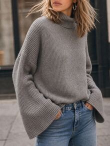 Elafinee Women's Casual Solid Color Sweater, Autumn/Winter - Grey - View 4
