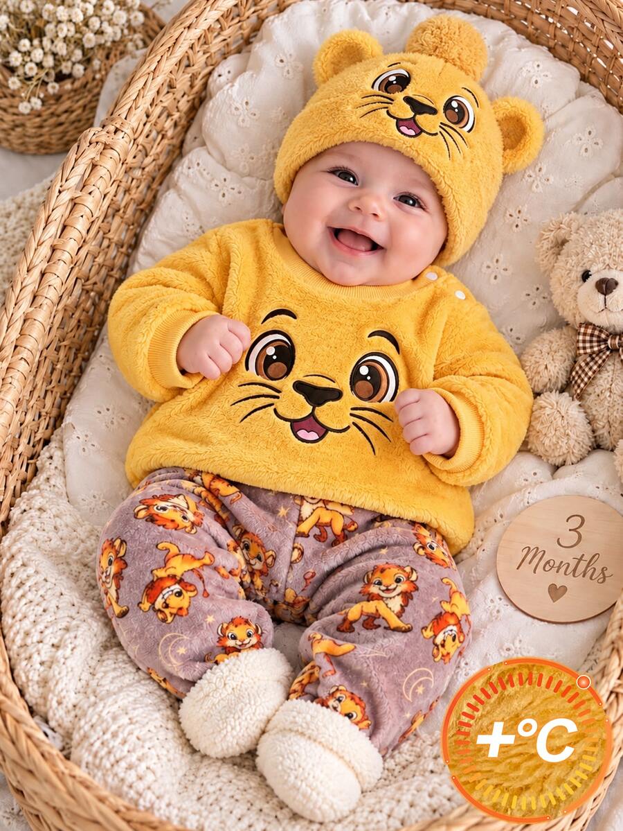 SHEIN 2pcs Set Newborn Autumn/Winter Yellow & Purple Contrast Color Cute Cartoon Lion Embroidered Round Neck Plush Long Sleeve Pullover Top & All-Over Lion & Star Print Cuffed Pants Set, Loose Fit Comfortable Baby Boy Autumn/Winter Plush Outfit - Yellow - View 1