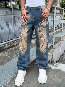 Manfinity EMRG Celana Jeans Denim Gaya Jalanan Amerika Unisex dengan Bordir dan Ujung Berumbai - Biru - View 7
