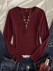 SHEIN Kids Tween Girl Slim Fit Casual Minimalist Comfortable Round Neck Half-Button Front Solid Color Long Sleeve T-Shirt - Burgundy - View 8