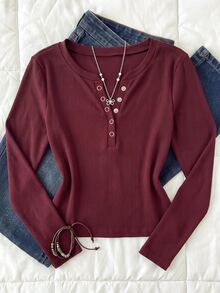 SHEIN Kids Tween Girl Slim Fit Casual Minimalist Comfortable Round Neck Half-Button Front Solid Color Long Sleeve T-Shirt - Burgundy - View 7