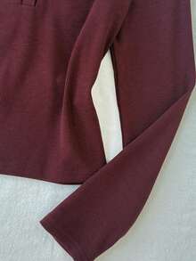 SHEIN Kids Tween Girl Slim Fit Casual Minimalist Comfortable Round Neck Half-Button Front Solid Color Long Sleeve T-Shirt - Burgundy - View 5