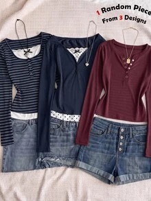 SHEIN Kids Tween Girl Slim Fit Casual Minimalist Comfortable Round Neck Half-Button Front Solid Color Long Sleeve T-Shirt - Burgundy - View 10
