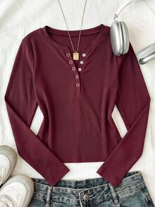 SHEIN Kids Tween Girl Slim Fit Casual Minimalist Comfortable Round Neck Half-Button Front Solid Color Long Sleeve T-Shirt - Burgundy - View 2
