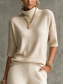SHEIN New Spring Fall Sophisticated Turtleneck Knit Top Women Ribbed Cuff Elbow Sleeve Relaxed Straight Hem - Beige - View 7