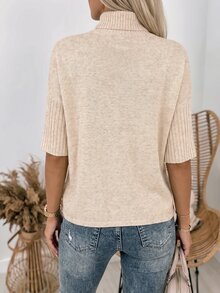 SHEIN New Spring Fall Sophisticated Turtleneck Knit Top Women Ribbed Cuff Elbow Sleeve Relaxed Straight Hem - Beige - View 3