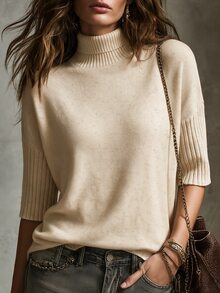 SHEIN New Spring Fall Sophisticated Turtleneck Knit Top Women Ribbed Cuff Elbow Sleeve Relaxed Straight Hem - Beige - View 4