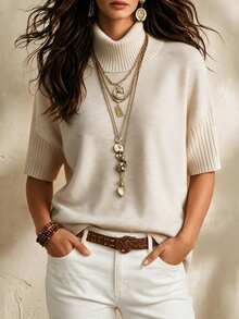 SHEIN New Spring Fall Sophisticated Turtleneck Knit Top Women Ribbed Cuff Elbow Sleeve Relaxed Straight Hem - Beige - View 2