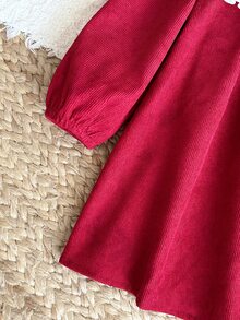 SHEIN 女嬰編織對比色荷葉邊下擺休閒洋裝，紅色洋裝，適合派對、外出、聚會、聖誕節、假期及其他場合 - 紅白色 - 查看 4