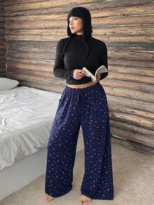 Dazy Plus Plus Size Women's Solid Color Elastic Waist Loose Drawstring Straight Leg Lounge Pants Fall - Blue - View 6