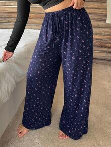 Dazy Plus Plus Size Women's Solid Color Elastic Waist Loose Drawstring Straight Leg Lounge Pants Fall - Blue - View 5