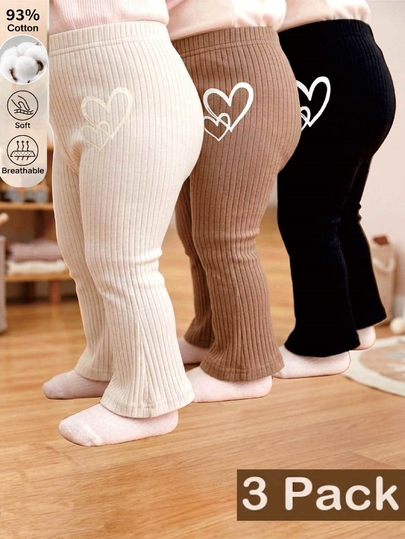 SHEIN 3pcs/Pack Legging Bayi Perempuan 0-3 Tahun Motif Hati Cokelat Krem Hitam, Legging Model Flare Rajut Bergaris Lembut dan Elastis, Gaya Kampus Musim Gugur, Serbaguna untuk Pemakaian Sehari-hari