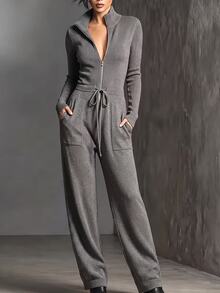 Balvessa Women's Zipper Half-Placket Drawstring Waist Sweater Jumpsuit - Dark Grey - View 4