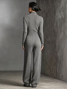 Balvessa Women's Zipper Half-Placket Drawstring Waist Sweater Jumpsuit - Dark Grey - View 2