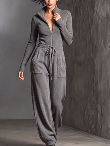 Balvessa Women's Zipper Half-Placket Drawstring Waist Sweater Jumpsuit - Dark Grey - View 1