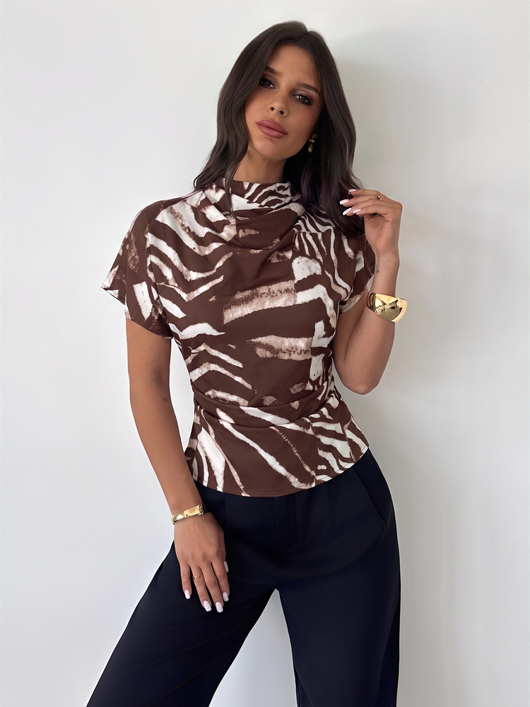 Firerie Elegant Women Brown Zebra Pattern Cowl Neck Sleeveless Blouse Stylish Casual Top Office Brunch For Modern Women Summer - Brown - View 1