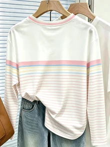 Resyla Long Sleeve T-Shirt, Spring/Autumn Outwear, Candy Color Striped Print Pattern, Graphic Design, Daily Wear, Casual Vacation, Outdoor Commute, Comfortable Fabric, Fitted Cut - Multicolor - View 2