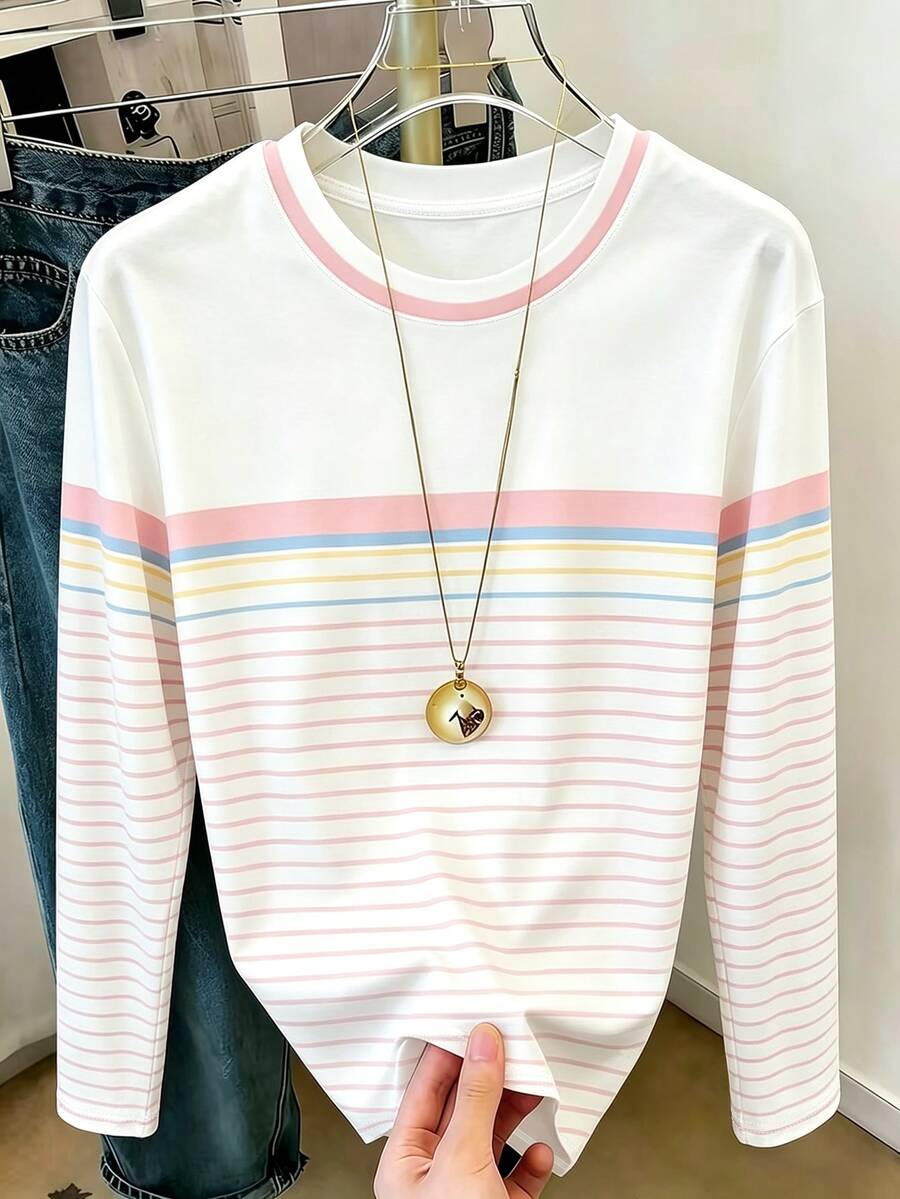 Resyla Long Sleeve T-Shirt, Spring/Autumn Outwear, Candy Color Striped Print Pattern, Graphic Design, Daily Wear, Casual Vacation, Outdoor Commute, Comfortable Fabric, Fitted Cut - Multicolor - View 1
