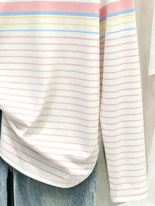 Resyla Long Sleeve T-Shirt, Spring/Autumn Outwear, Candy Color Striped Print Pattern, Graphic Design, Daily Wear, Casual Vacation, Outdoor Commute, Comfortable Fabric, Fitted Cut - Multicolor - View 5