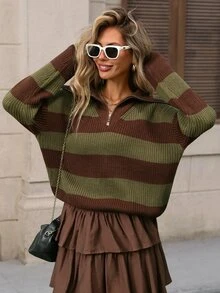 Brillora Otoño 2026 Suéter de manga larga con rayas marrones y cremallera para mujer, atuendo para salir, uso diario, concierto, suéter con cremallera estilo retro vintage años 70 casual - Multicolor - Ver 3