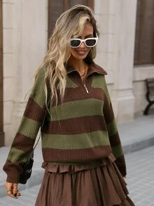 Brillora Otoño 2026 Suéter de manga larga con rayas marrones y cremallera para mujer, atuendo para salir, uso diario, concierto, suéter con cremallera estilo retro vintage años 70 casual - Multicolor - Ver 6