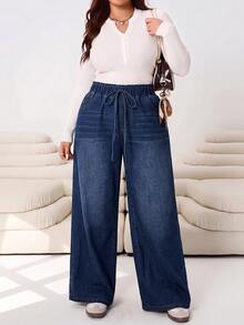 SHEIN CURVE+ 大尺碼女款休閒正式風水洗寬腿牛仔褲套裝，海軍藍，適合度假、外出、海灘，秋季穿著 - 藍色 - 查看 6