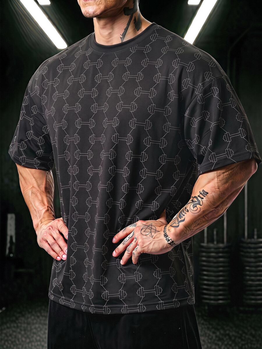 GymBeat 男士槓鈴圖案印花短袖運動T恤,健身房穿著 - 彩色 - 查看 1