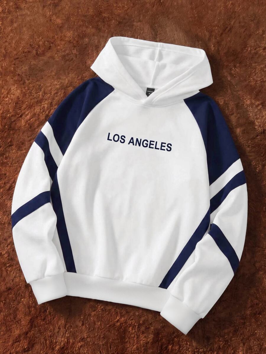 Manfinity Joysei Standard Fit Men's Casual Colorblock Patchwork LA Letter Print Hoodie, Suitable For Autumn/Winter, School, Outdoor, Long Sleeve Top - Blue and White - View 1