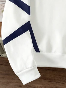 Manfinity Joysei 标准版型男士休闲撞色拼接洛杉矶字母印花连帽衫，适合秋冬季、上学、户外活动，长袖上衣 - 藍白色 - 查看 5