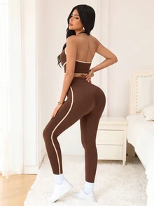 女款滾邊掛脖背心與高腰運動緊身褲套裝 - 棕色 - 查看 2