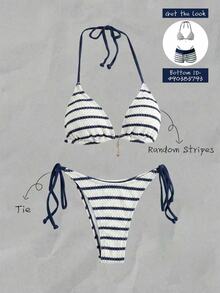 SHEIN Swim 女款夏季/秋季緹花布料掛脖性感優雅時尚比基尼套裝（僅2件組，不含下裝）海灘泳裝，海軍藍與白色，適合外出穿著 - 杏色 - 查看 1