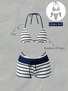 SHEIN Swim 女款夏季/秋季緹花布料掛脖性感優雅時尚比基尼套裝（僅2件組，不含下裝）海灘泳裝，海軍藍與白色，適合外出穿著 - 杏色 - 查看 4