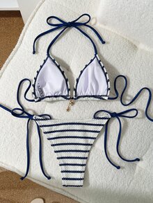SHEIN Swim 女款夏季/秋季緹花布料掛脖性感優雅時尚比基尼套裝（僅2件組，不含下裝）海灘泳裝，海軍藍與白色，適合外出穿著 - 杏色 - 查看 3