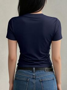 DAZY Women's Fitted Crew Neck Short Sleeve Solid Color Undershirt,Back To School Clothes Preppy Tops - Navy Blue - View 4
