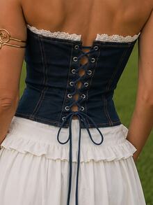 Zerodot Women Indigo Denim Lace Up Lace Detail Elegant Denim Corset Top Party Going Out Fall Pre Fall - Dark Wash - View 2
