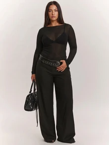 SHEIN PETITE CURVE 大尺碼女款露肩長袖透視性感極簡上衣 - 黑色 - 查看 5