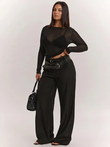 SHEIN PETITE CURVE 大尺碼女款露肩長袖透視性感極簡上衣 - 黑色 - 查看 6