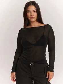 SHEIN PETITE CURVE 大尺碼女款露肩長袖透視性感極簡上衣 - 黑色 - 查看 8