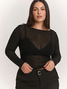 SHEIN PETITE CURVE 大尺碼女款露肩長袖透視性感極簡上衣 - 黑色 - 查看 2