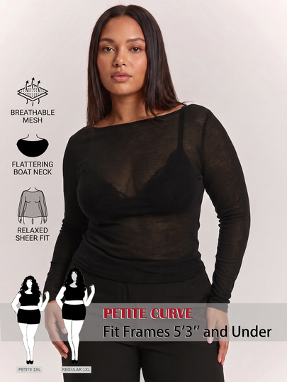 SHEIN PETITE CURVE Plus Size Women's Off-Shoulder Long Sleeve Sheer Sexy Minimalist Top