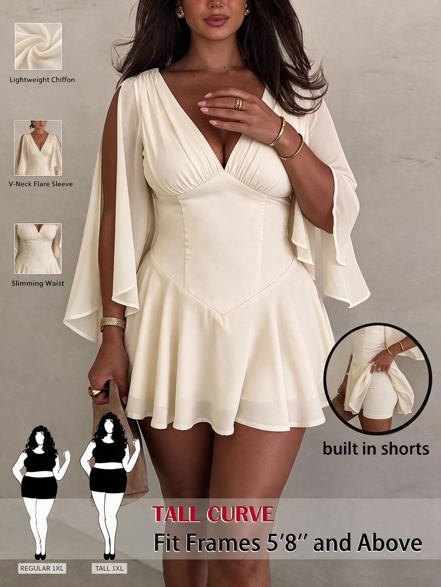 SHEIN Tall CURVE Plus Size Women's Solid Color Ruched V-Neck Split Sleeve Elegant Dress - Apricot - View 1