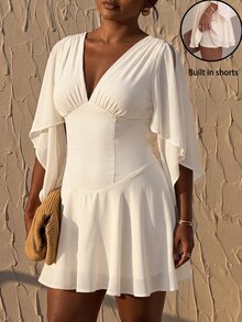 SHEIN Tall CURVE Plus Size Women's Solid Color Ruched V-Neck Split Sleeve Elegant Dress - Apricot - View 5