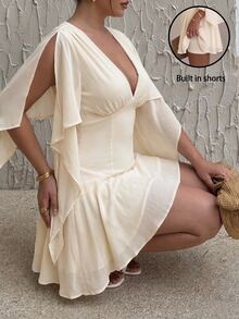 SHEIN Tall CURVE Plus Size Women's Solid Color Ruched V-Neck Split Sleeve Elegant Dress - Apricot - View 9