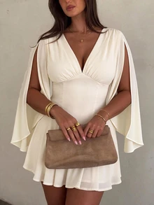 SHEIN Tall CURVE Plus Size Women's Solid Color Ruched V-Neck Split Sleeve Elegant Dress - Apricot - View 2