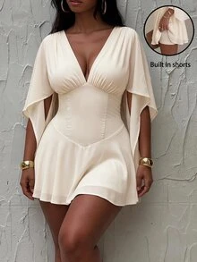 SHEIN Tall CURVE Plus Size Women's Solid Color Ruched V-Neck Split Sleeve Elegant Dress - Apricot - View 8